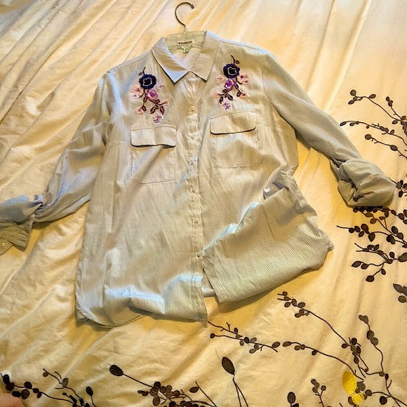 Express The City Striped Floral Embroidered Button Down Shirt - Picture 9 of 16
